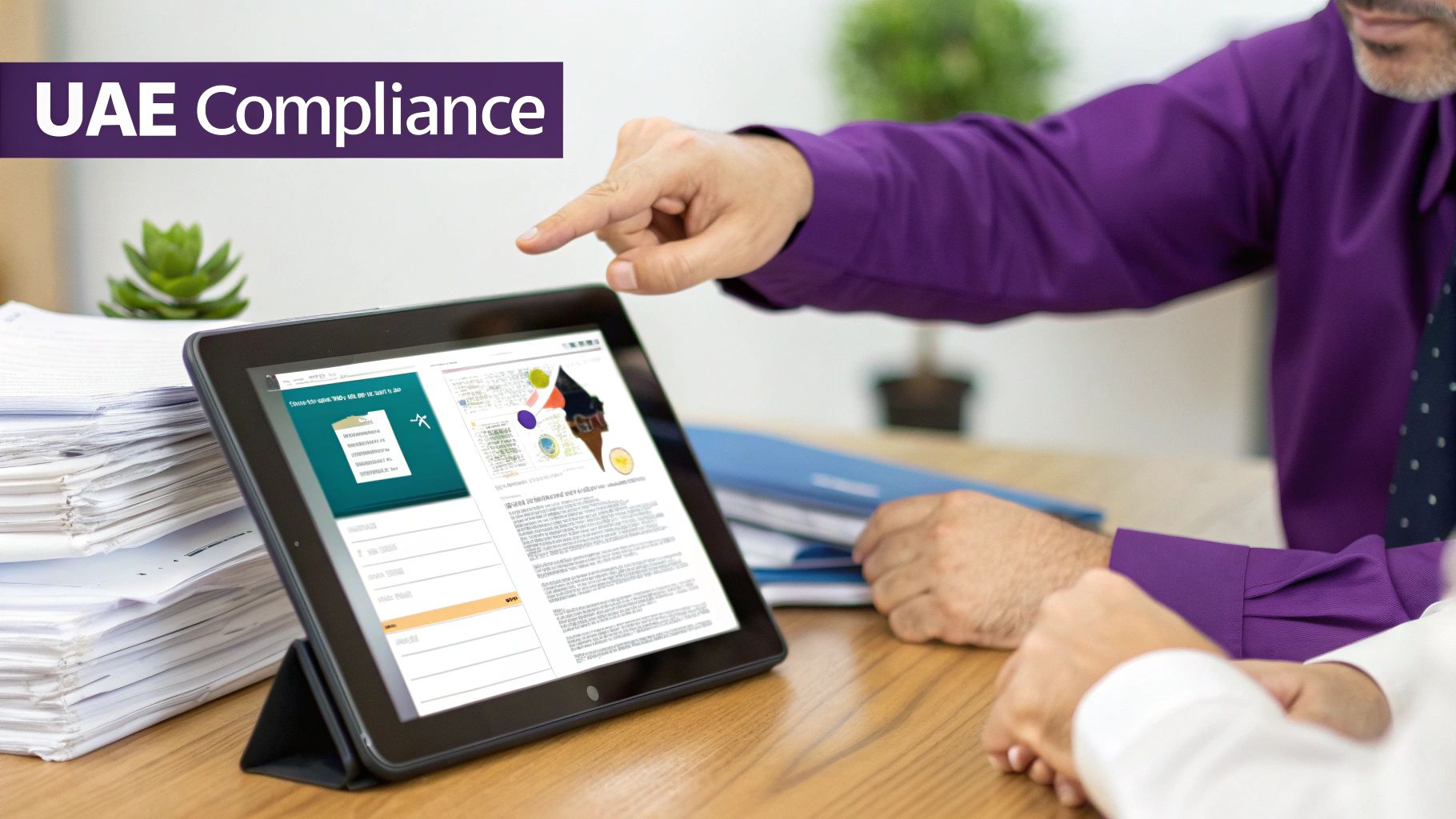 Professionals discuss UAE compliance documents on a tablet, with one person pointing to the screen.
