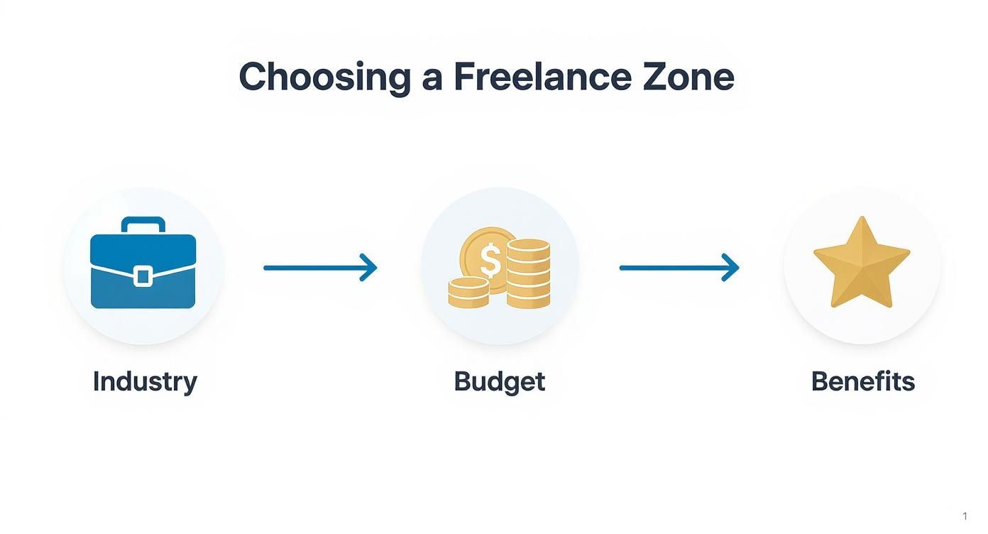 Three-step flowchart showing freelance zone selection process: industry briefcase, budget coins, and benefits star icon