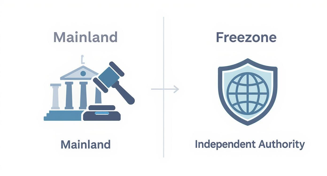 Infographic comparing the core jurisdictions of mainland and freezone, showing government and independent authority icons.