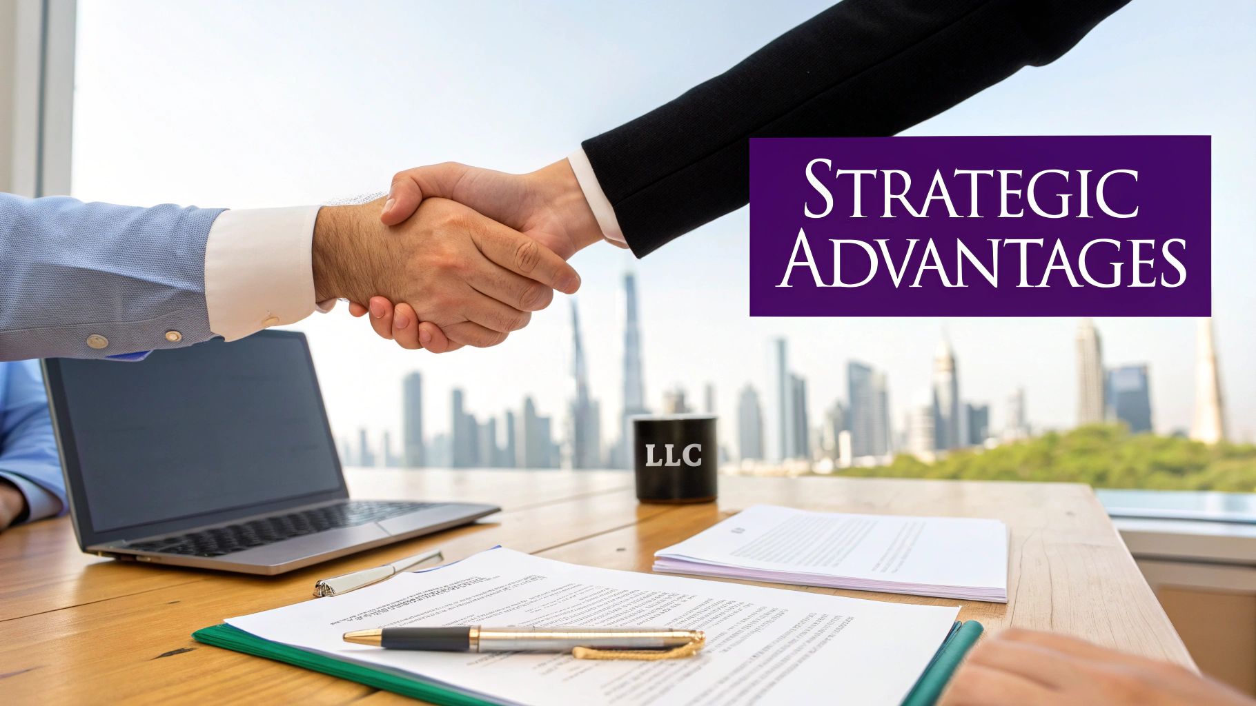 Two business people shake hands over a table with documents and a laptop, with a city skyline view.