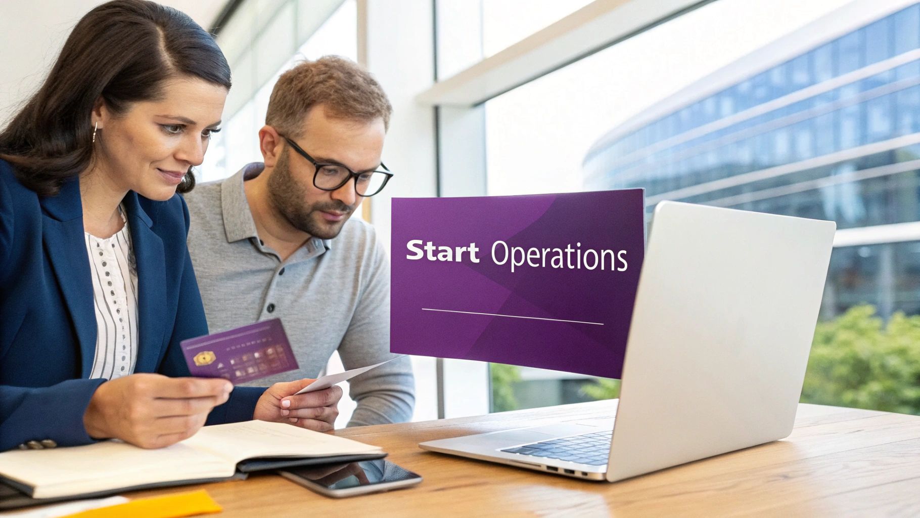 Two professionals review documents and a laptop displaying 'Start Operations' in a modern office.