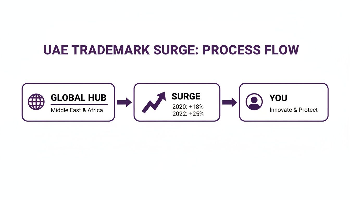 A process flow diagram illustrates the UAE trademark surge, from global hub to individual innovation and protection, showing growth rates.