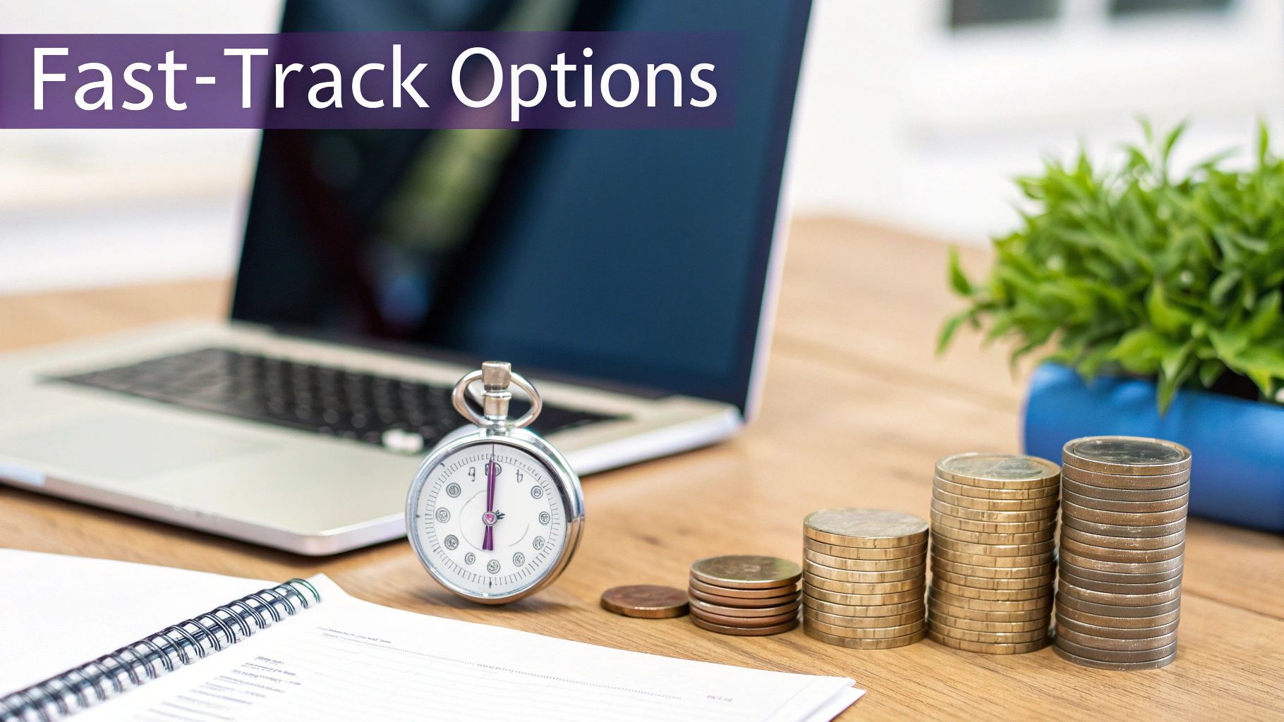 Fast-Track Options" text over a desk with a laptop, stopwatch, stacked coins, and a notebook.