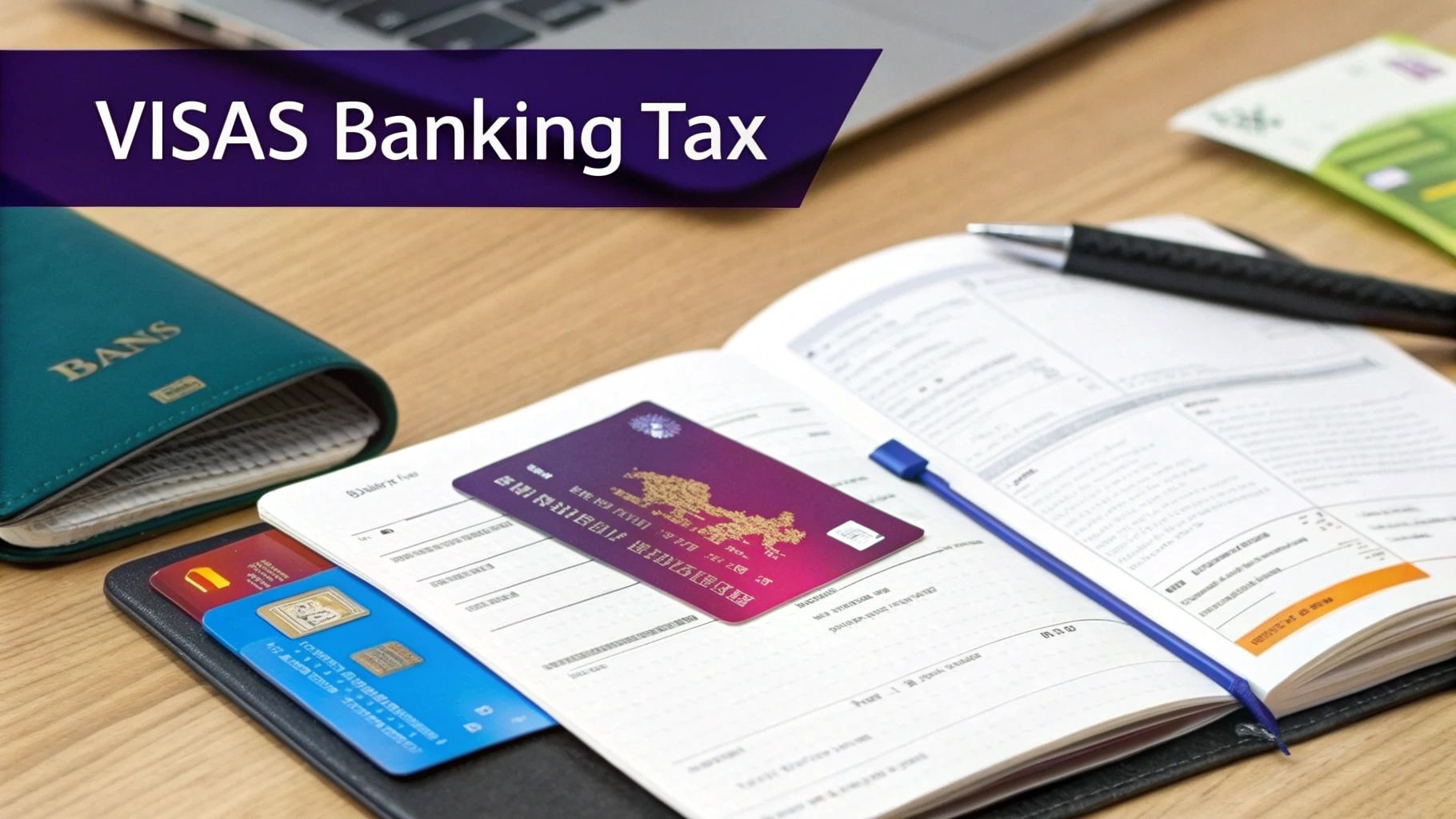 A close-up of credit cards, a pen, and an open notebook on a wooden desk, with 'VISAS Banking Tax' text.
