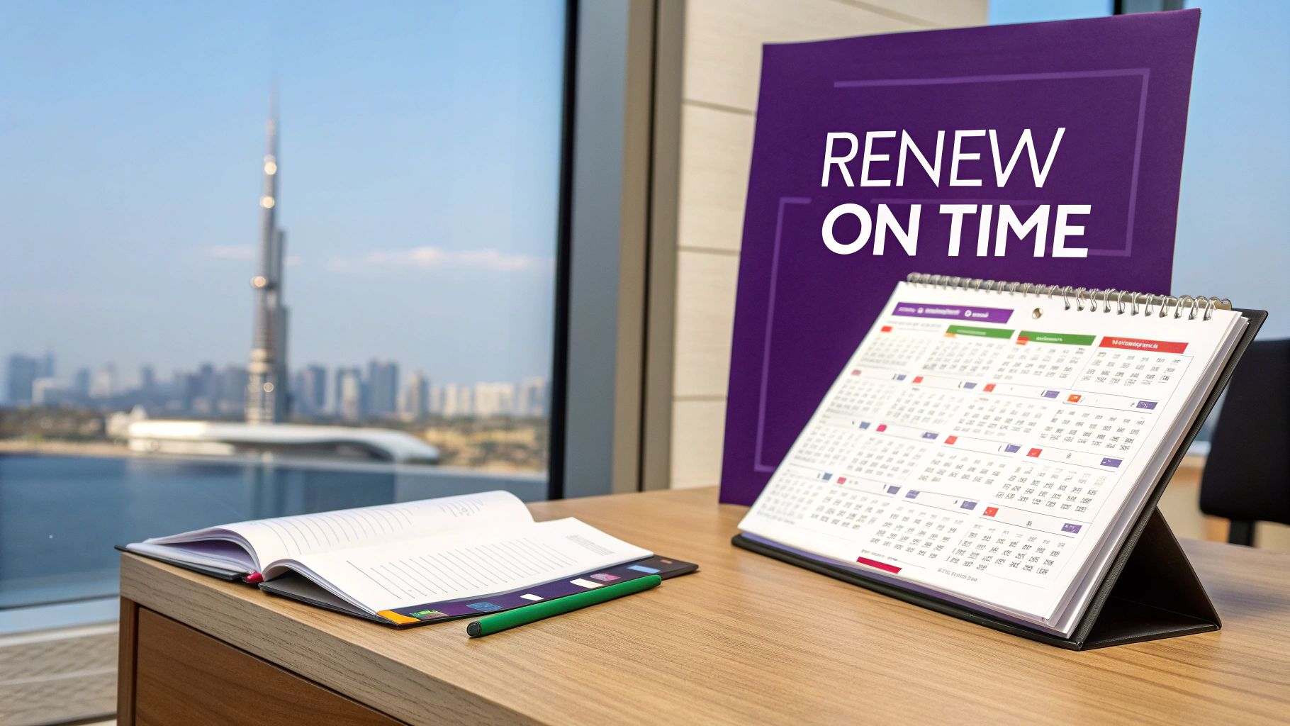 Desktop calendar and notebook with purple sign displaying renew on time message for license renewal