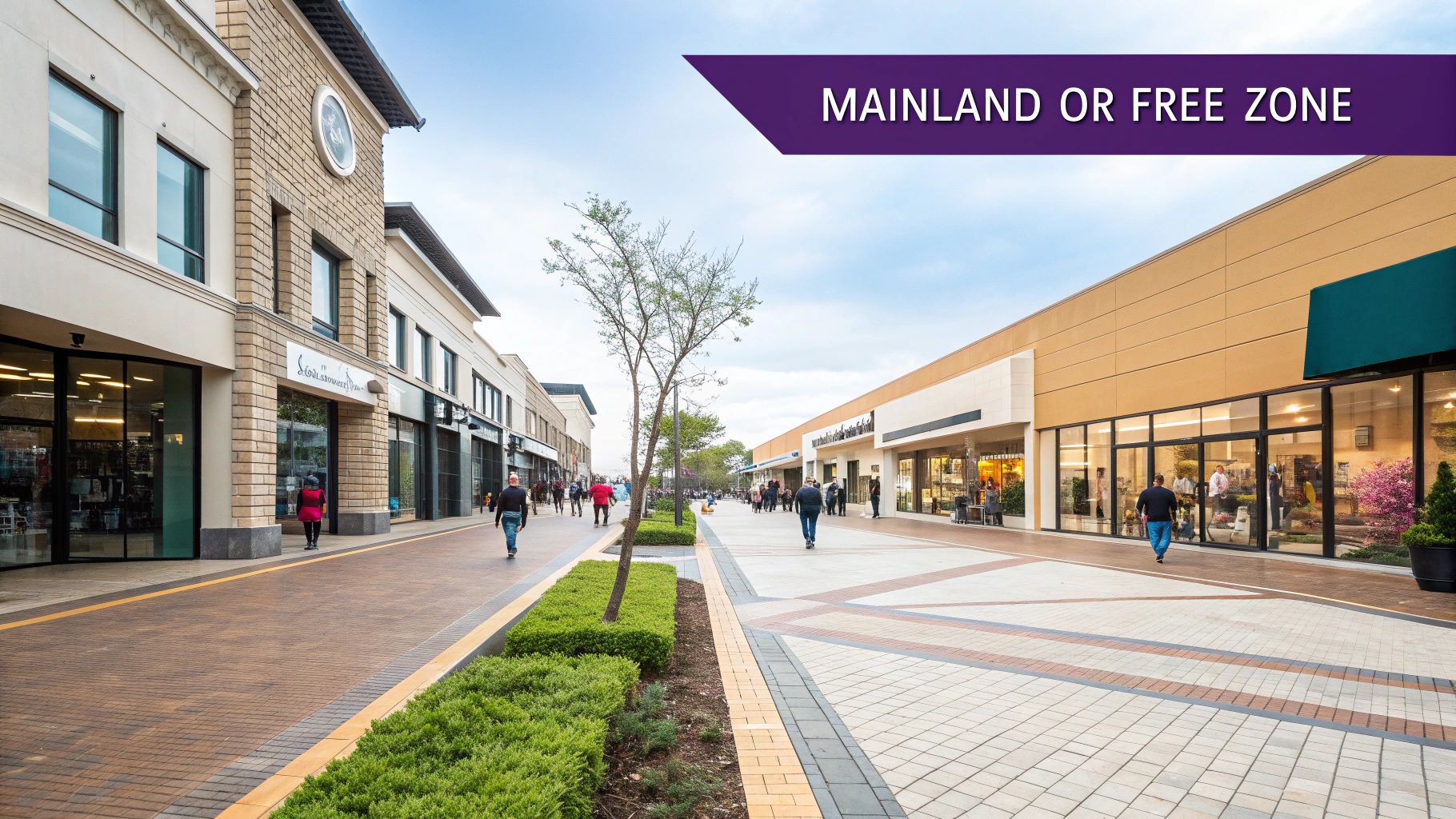 An outdoor shopping street with various stores, people walking, and a banner reading 'MAINLAND OR FREE ZONE'.
