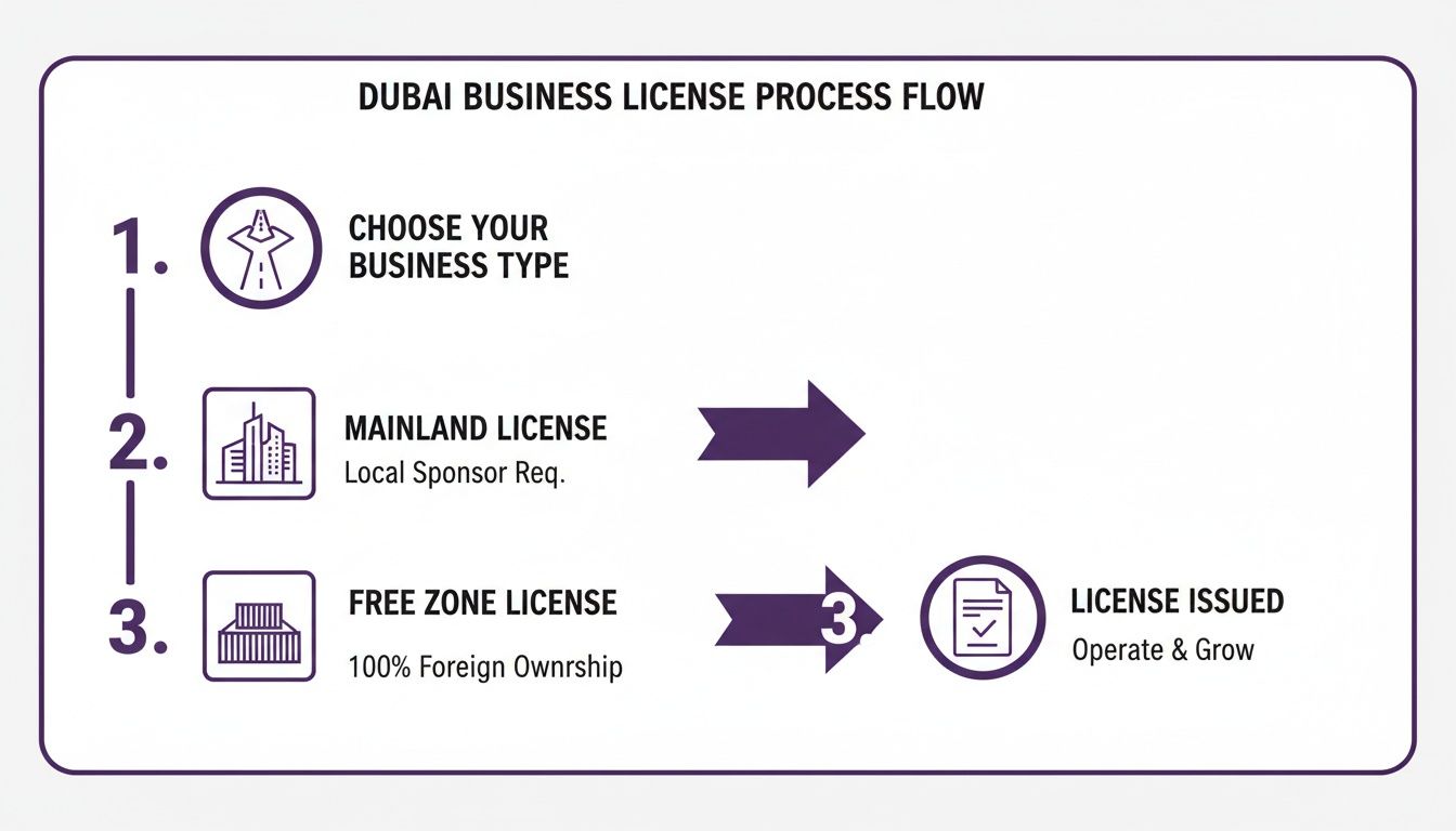 Flowchart illustrating the Dubai business license process, outlining steps for mainland and free zone licenses.