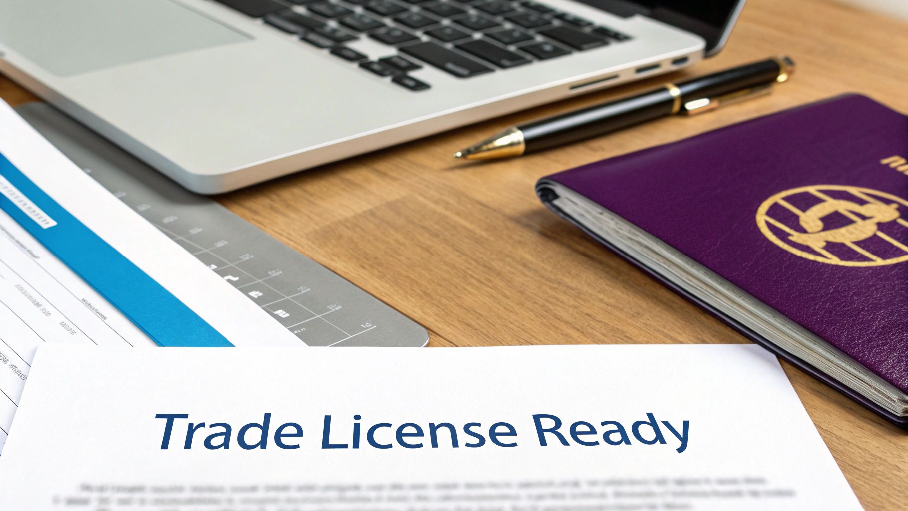 A desk with a laptop, pen, passport, and a document reading 'Trade License Ready'.