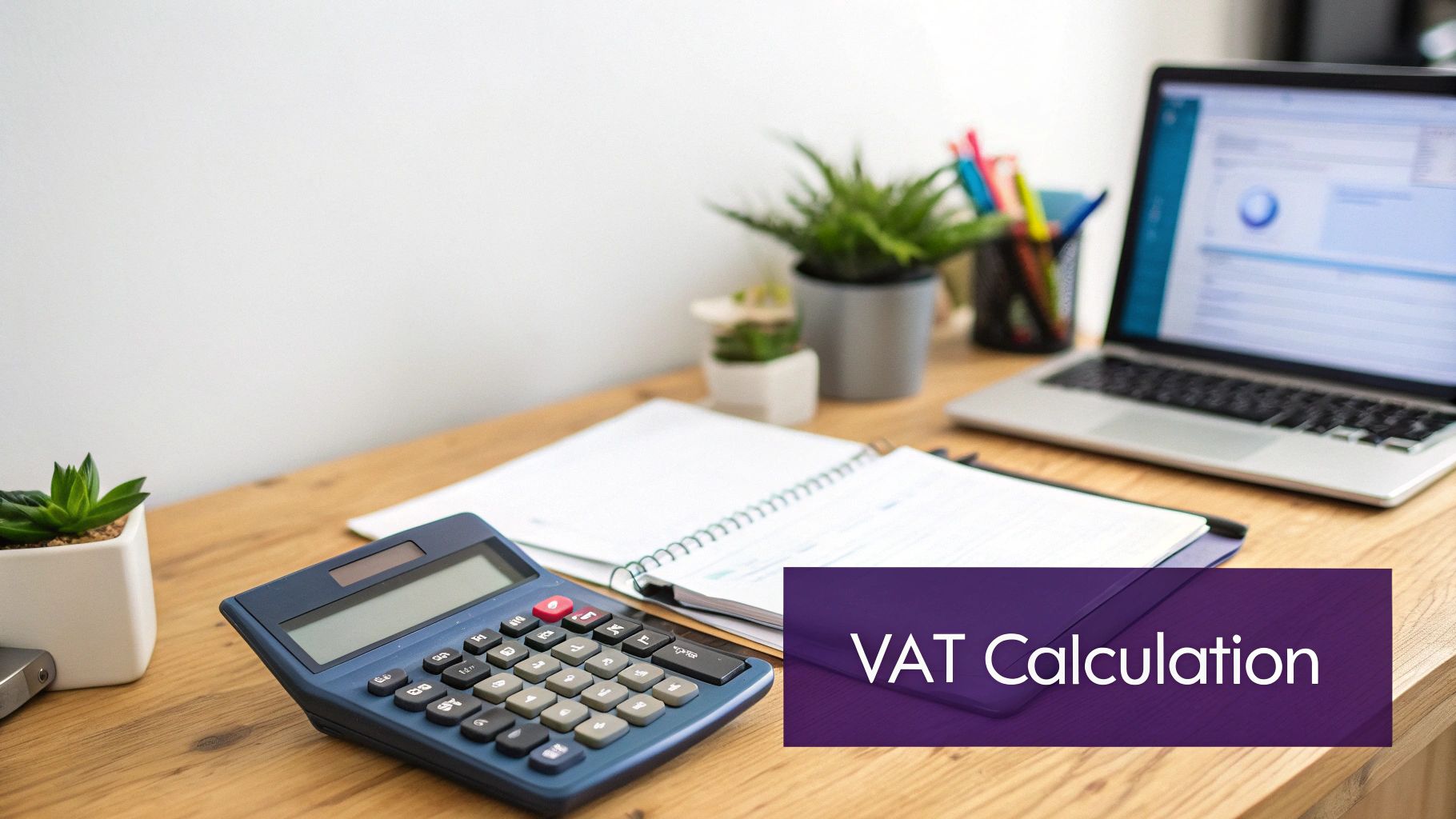 A desk with a calculator, open notebook, laptop, plants, and 'VAT Calculation' text overlay.