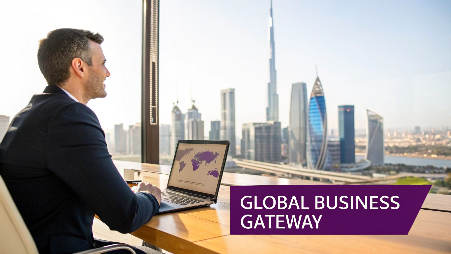 Businessman in a suit looking at the Dubai skyline with a laptop displaying a world map.