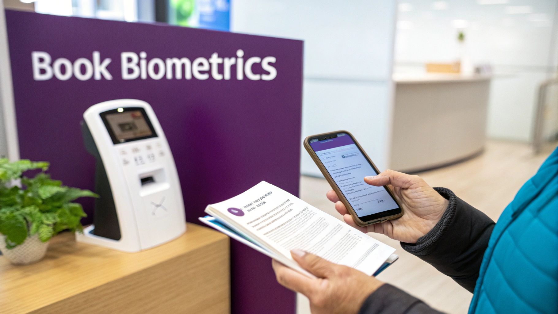 A person holds a smartphone and booklet near a 'Book Biometrics' sign and a biometric scanner.