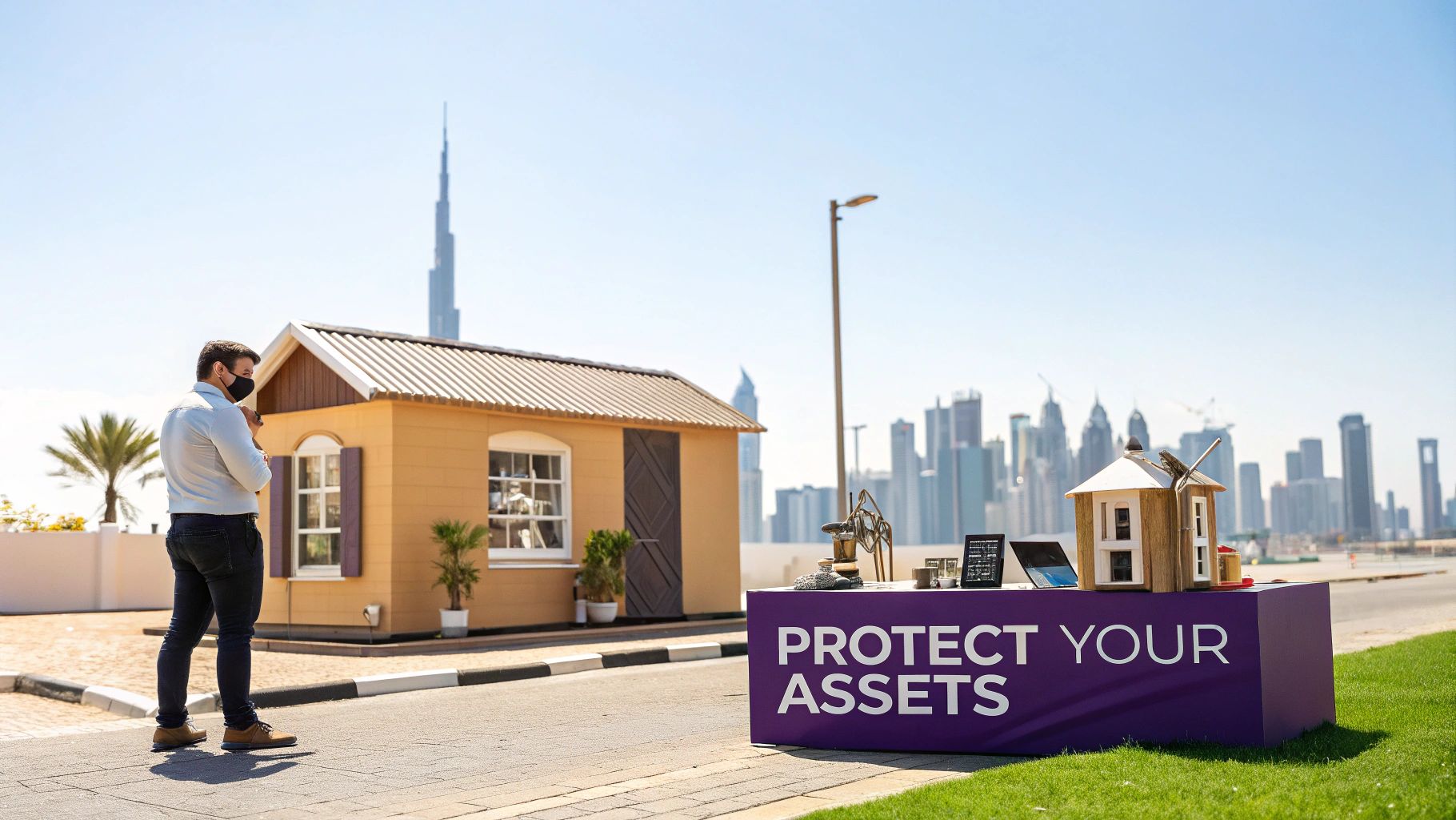 A man views a 'Protect Your Assets' display with a model house and the Dubai skyline.