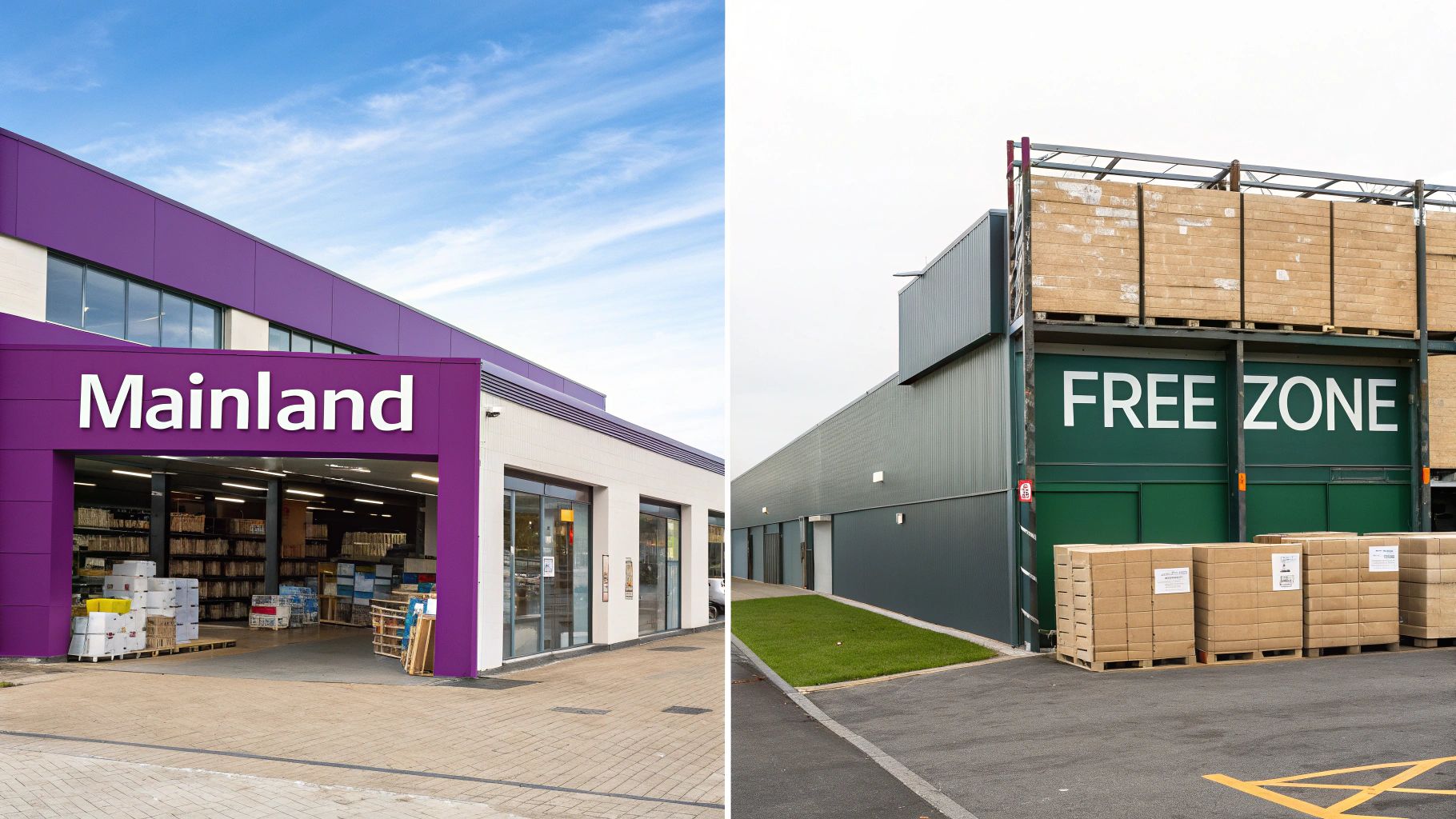 Two commercial buildings: one with 'Mainland' sign, another a 'Free Zone' warehouse with stacked pallets.