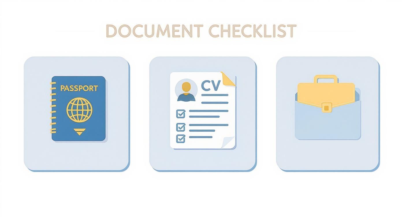 Infographic showcasing the essential document checklist for a Dubai freelance visa application, featuring icons for a passport, CV, and portfolio.