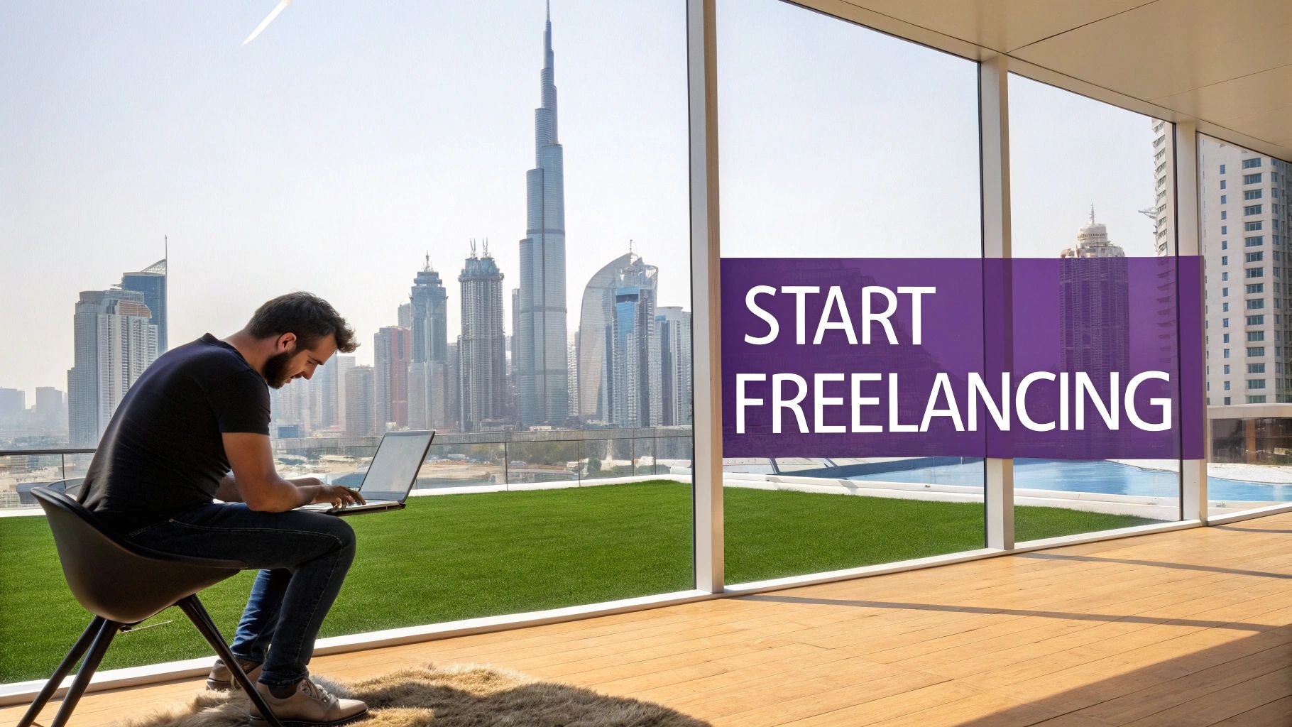 Freelancer working on a laptop in a modern Dubai setting.