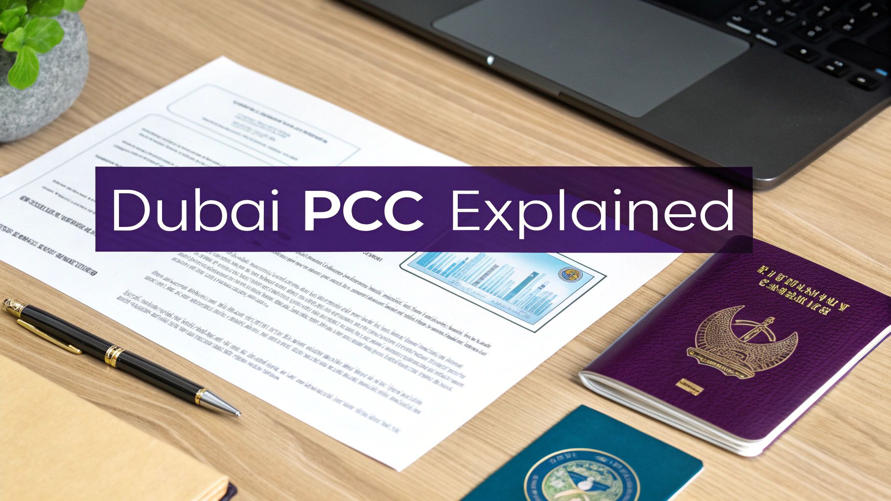 A desk with documents, passports, a pen, and a laptop, featuring text 'Dubai PCC Explained'.