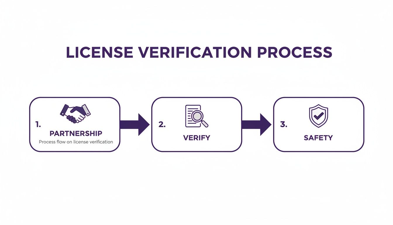 Flowchart illustrating the three-step license verification process including partnership, verification, and safety.