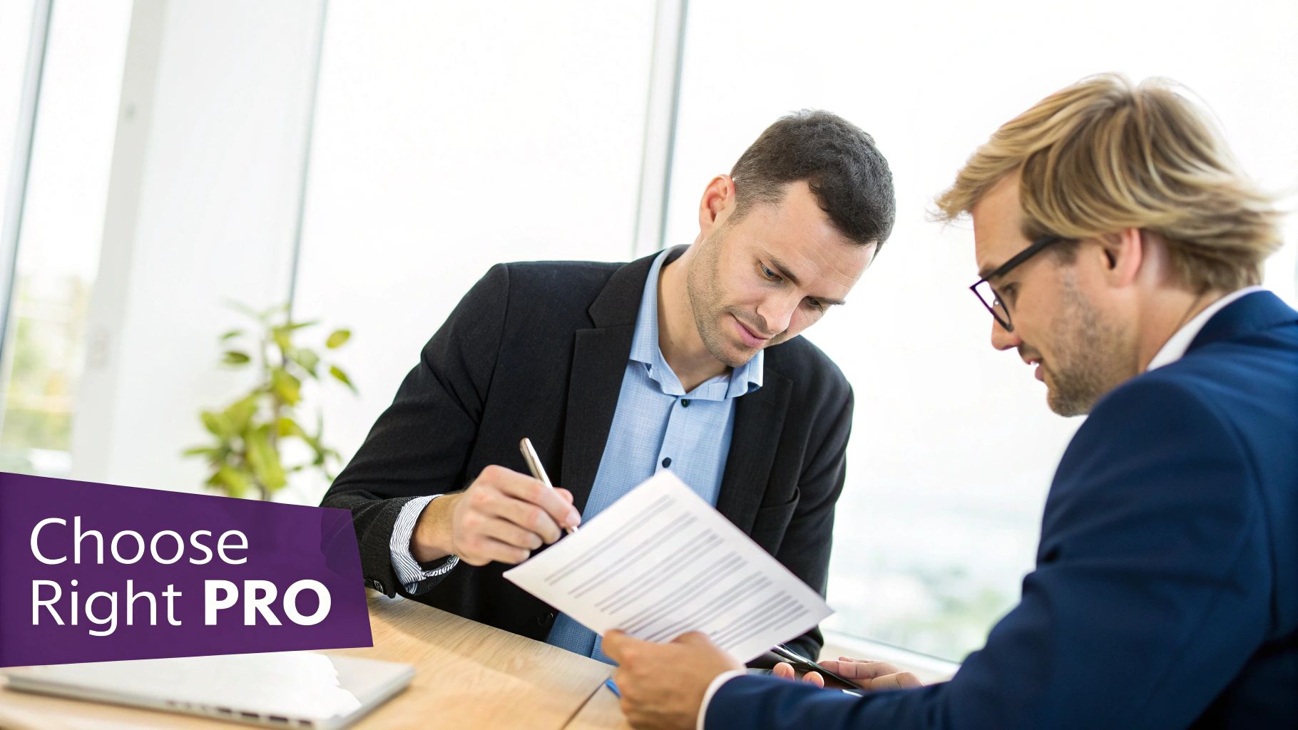 A professional business meeting discussing documents, symbolizing the selection of a PRO partner.