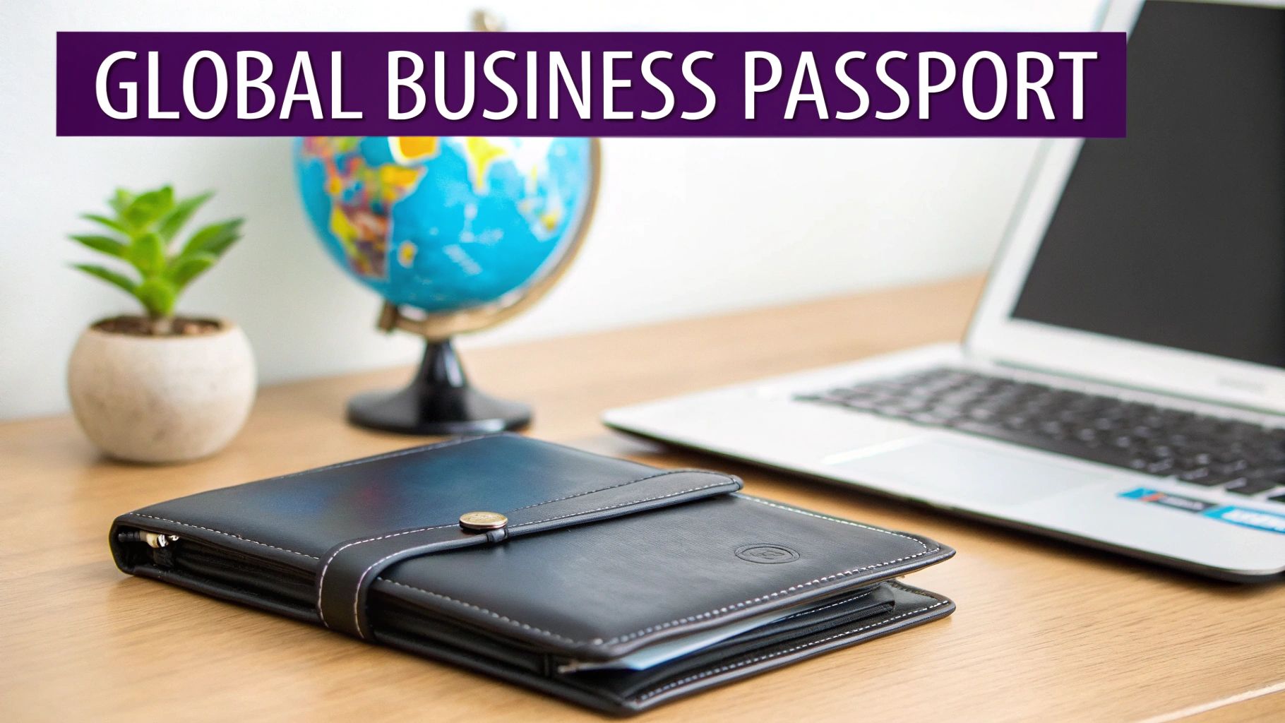 A desk setup featuring a globe, plant, laptop, and a black leather organizer, under a 'GLOBAL BUSINESS PASSPORT' banner.