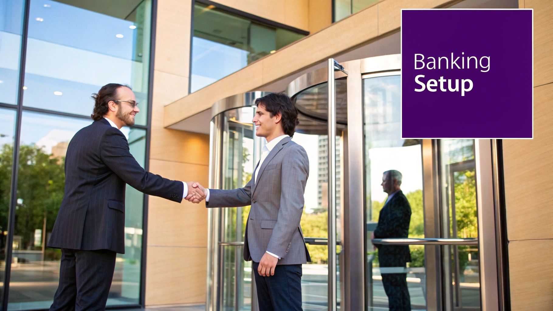 A business professional shaking hands with a banker in a modern office, signifying the opening of a corporate bank account.