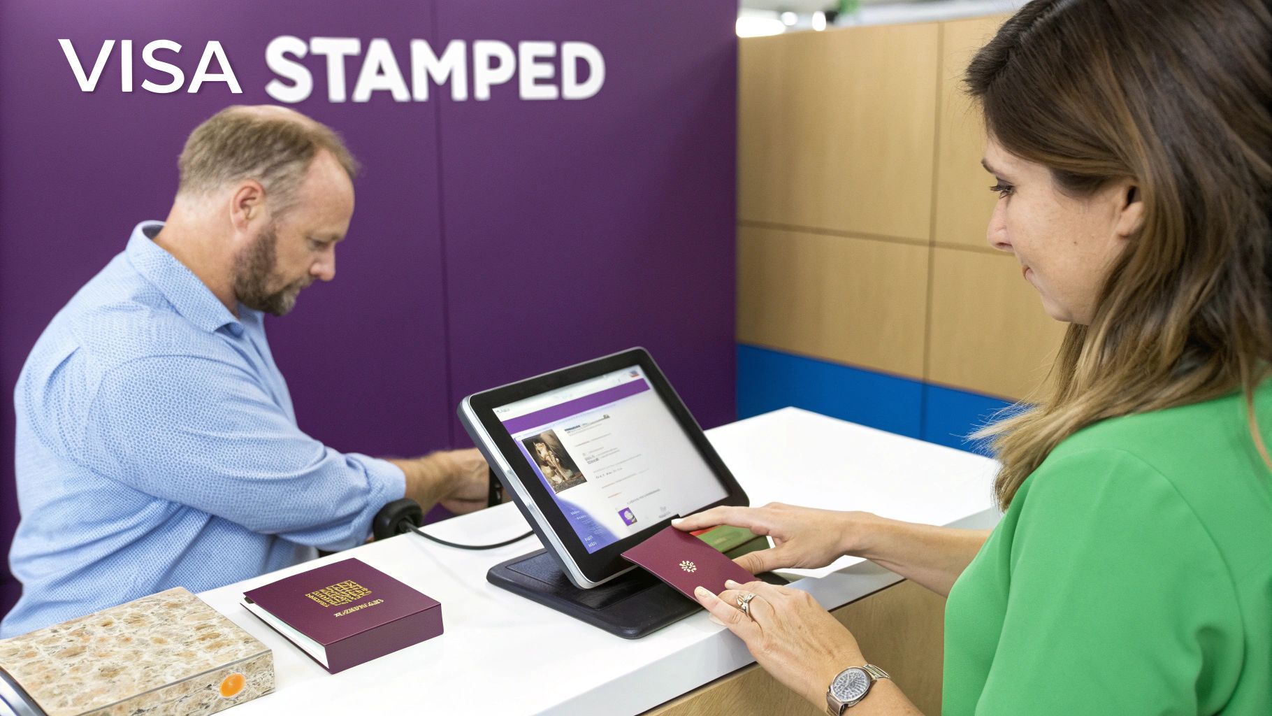 A woman scans a maroon passport on a tablet at a counter, with a man working in the background under a 'VISA STAMPED' sign.