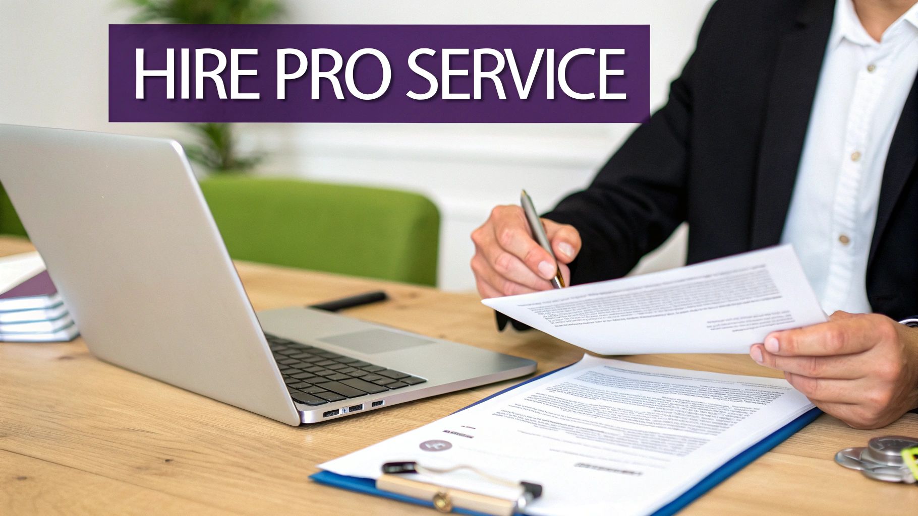 Professional business person reviewing documents at desk with laptop for hiring professional services