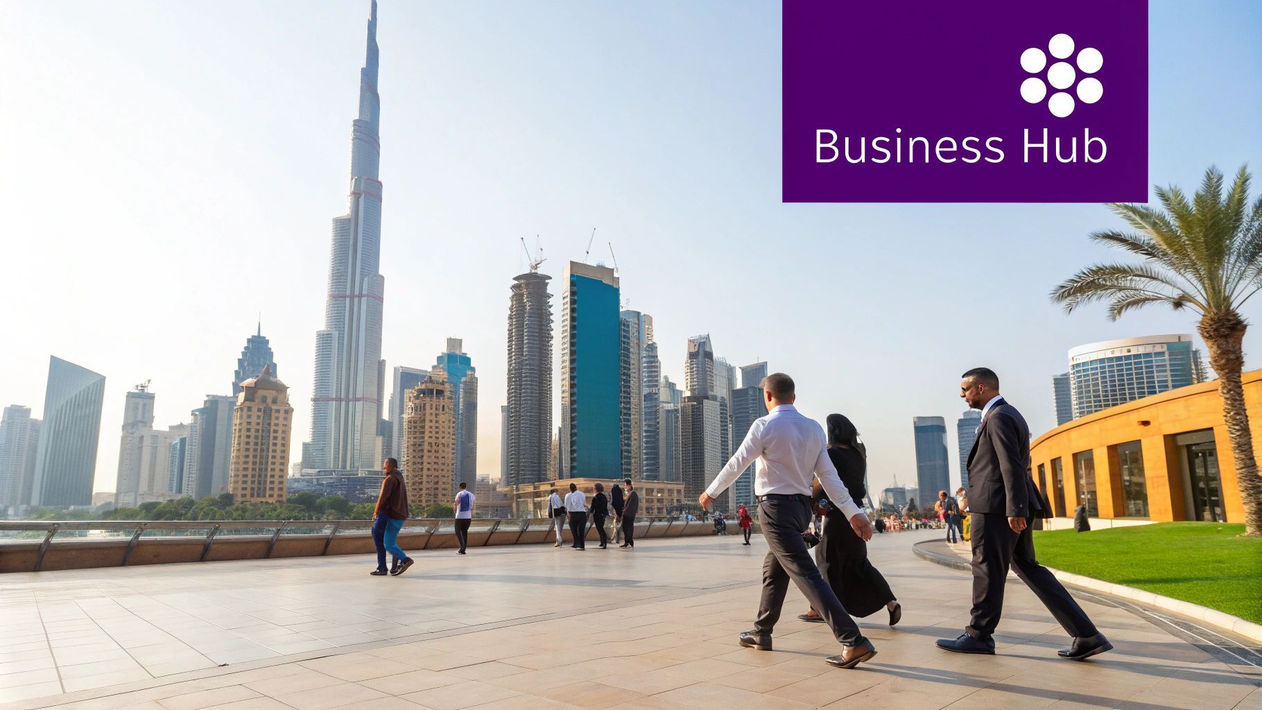 Modern Dubai cityscape with skyscrapers and clear blue sky