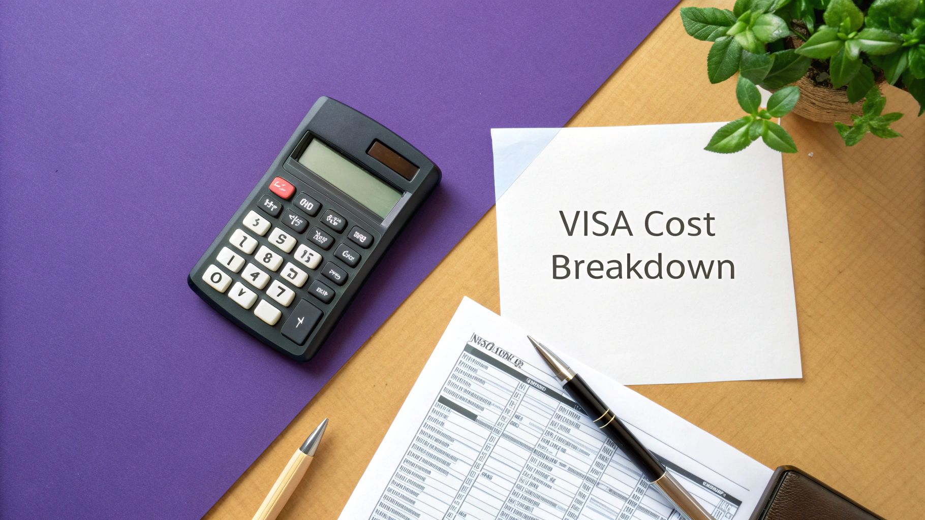 Calculator and documents showing visa cost breakdown analysis for freelance visa application planning