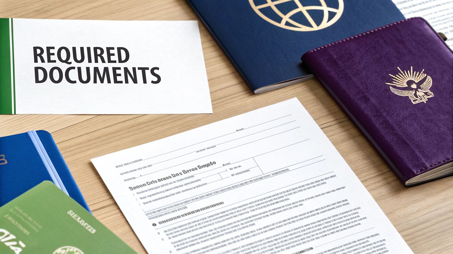 A couple reviews documents at a desk, preparing their UAE spouse visa application.