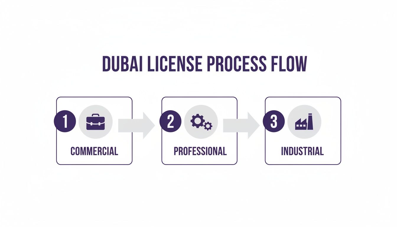 Diagram illustrating the Dubai license process flow, showing commercial, professional, and industrial license types.