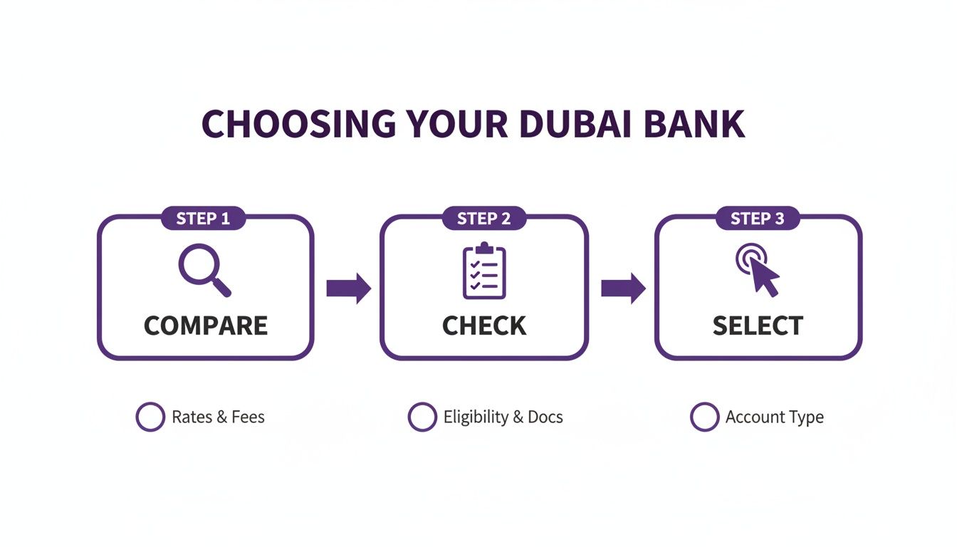 Infographic showing a 3-step process to choose a Dubai bank: compare rates, check eligibility, and select account type.
