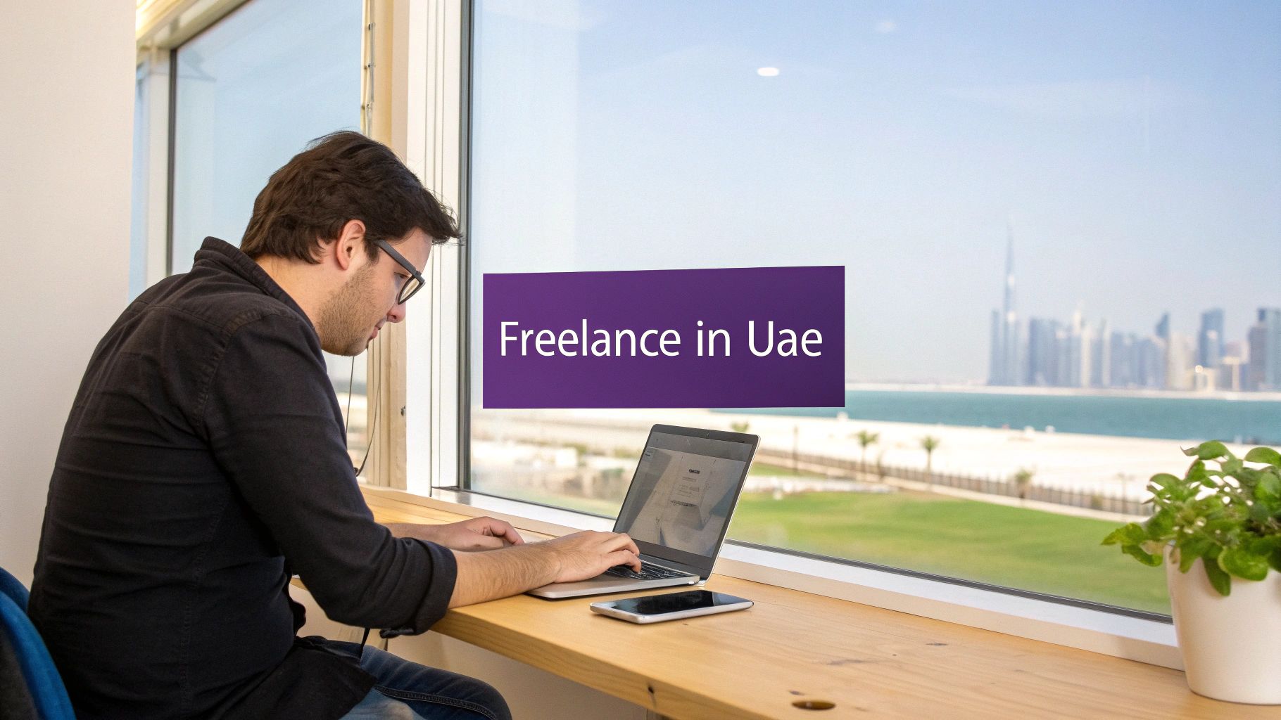 Freelancer working on laptop at modern coworking space overlooking Dubai waterfront and skyline