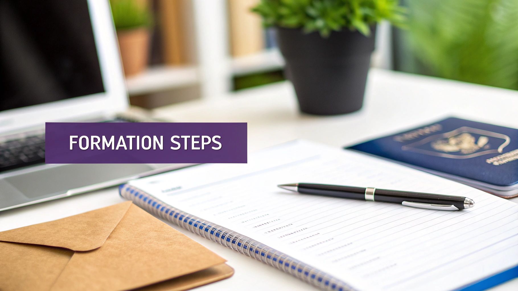 Desk setup with laptop, passport, notebook, pen, and envelope, featuring a 'FORMATION STEPS' banner.