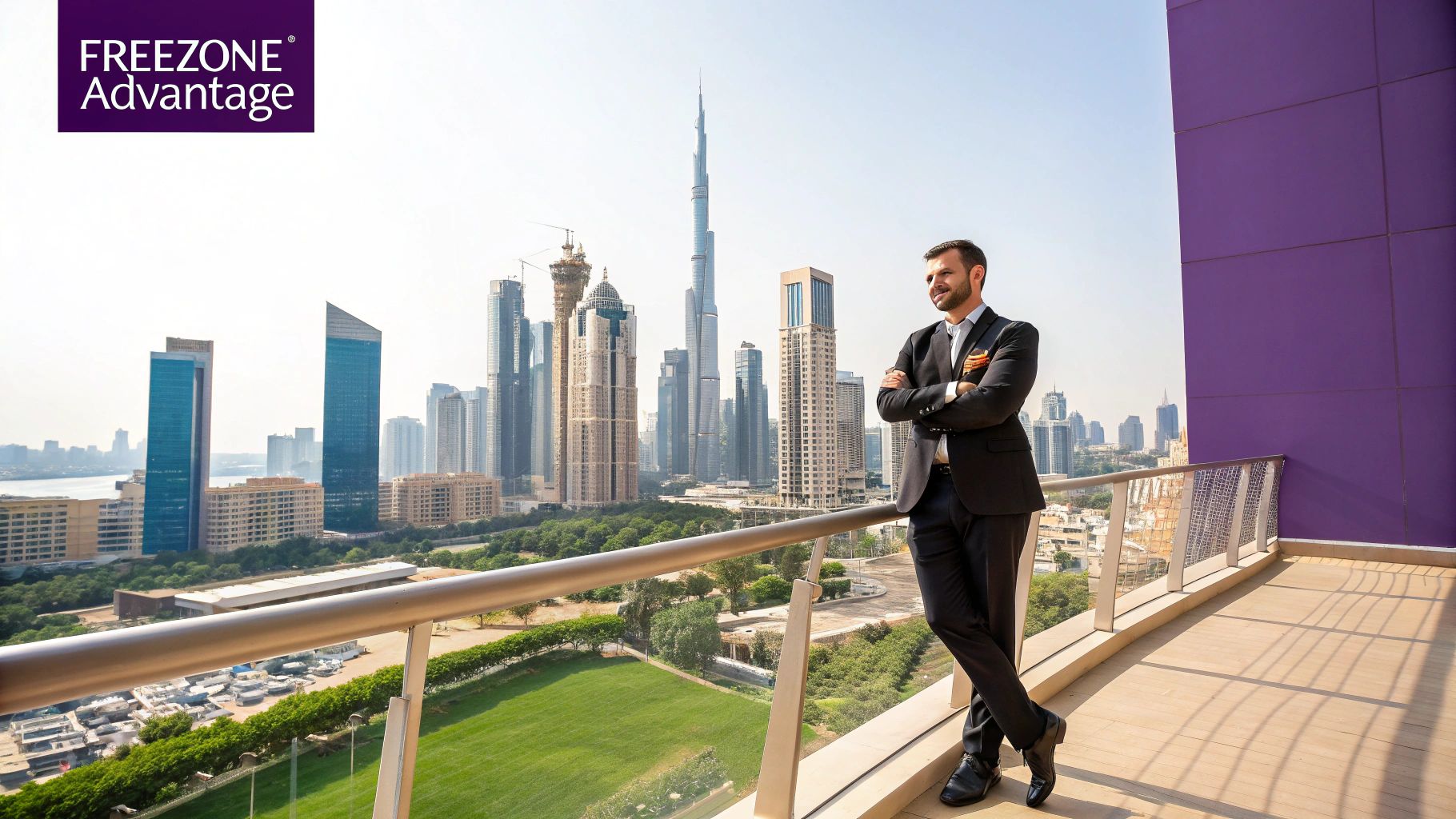 Confident businessman on a high-rise balcony overlooking the iconic Dubai city skyline with Burj Khalifa.