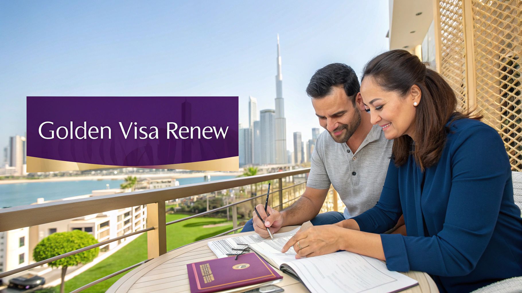 A man and woman review documents on a balcony with a city skyline, featuring text 'Golden Visa Renew'.