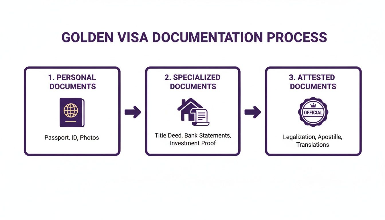 Flowchart illustrating the three-step golden visa documentation process: personal, specialized, and attested documents.