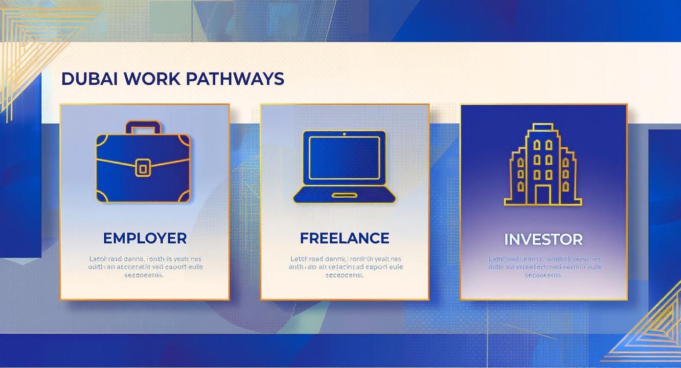 Infographic showing three Dubai work pathways: Employer, Freelance, and Investor, each with an icon.