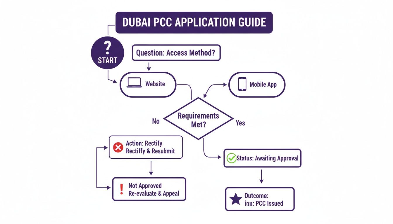 Flowchart detailing the Dubai PCC application process via website or mobile app, showing steps for approval and issuance.