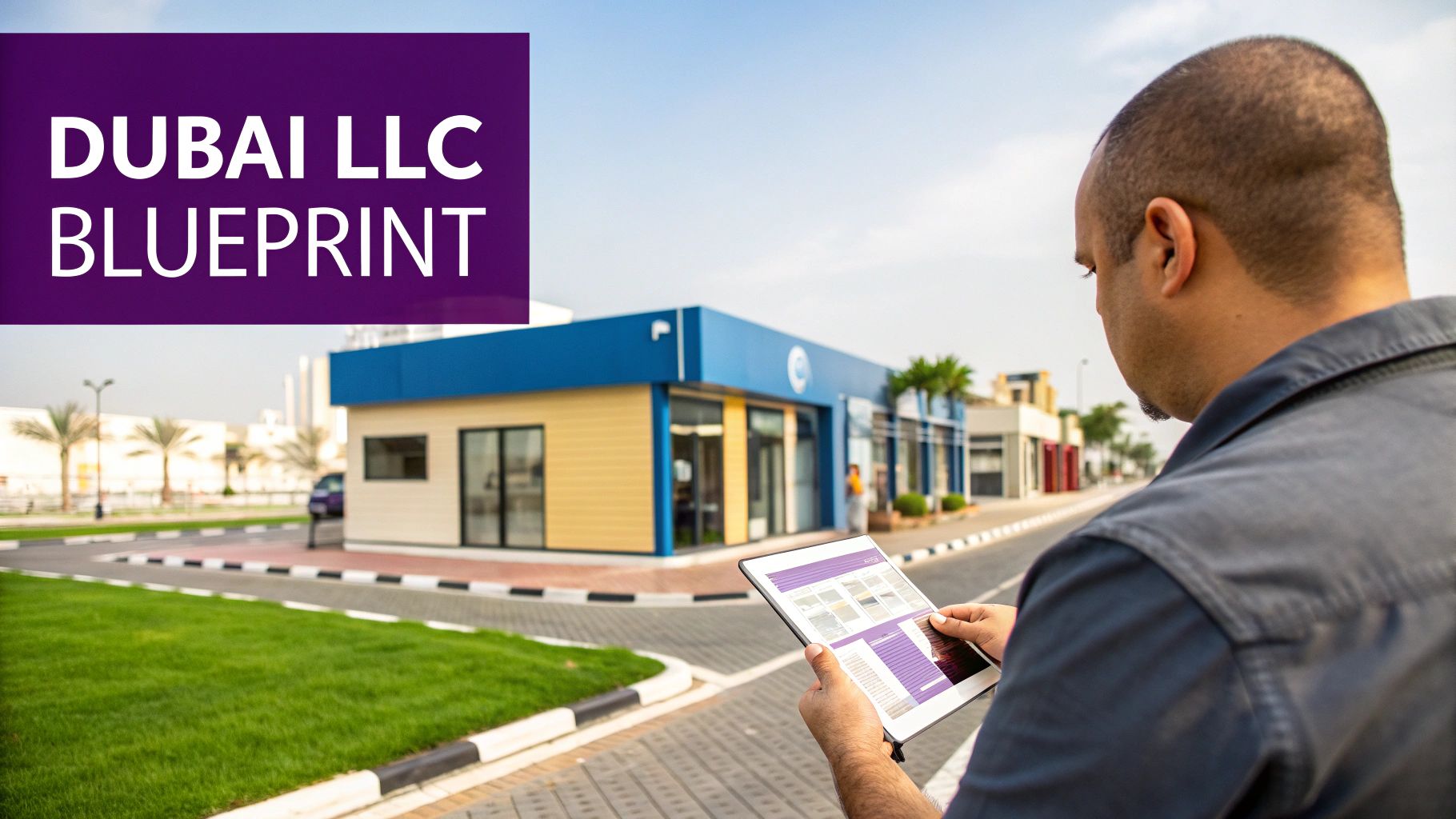 Man reviews a "Dubai LLC Blueprint" on a tablet, with modern commercial buildings in the background.