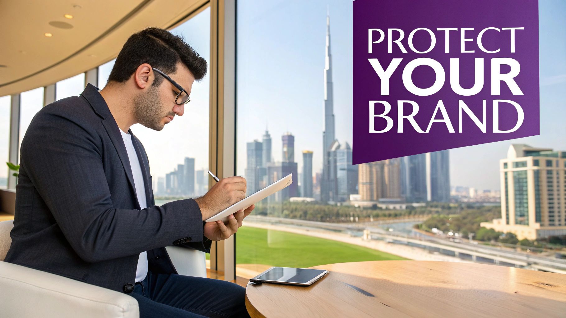 A businessperson's hand holding a pen over official trademark registration documents in Dubai.