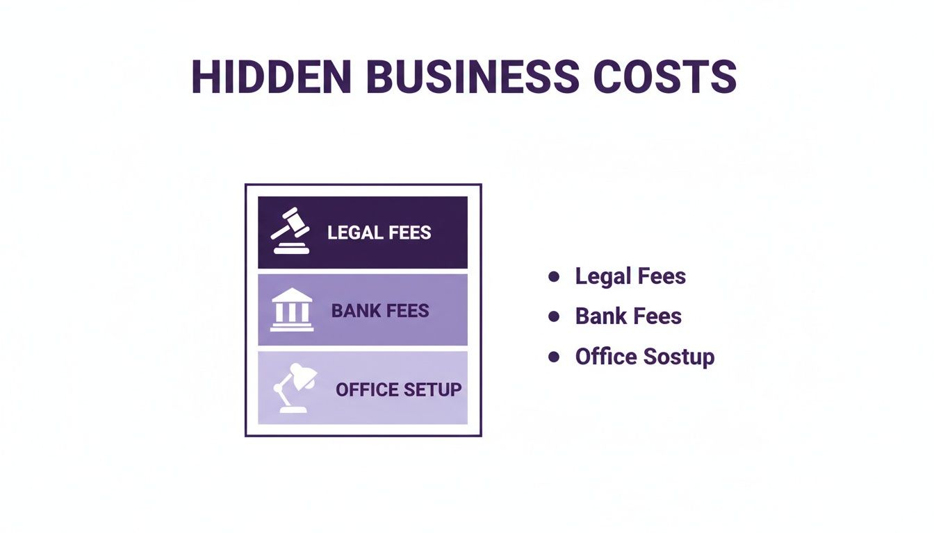 An infographic titled 'Hidden Business Costs' listing legal fees, bank fees, and office setup expenses.