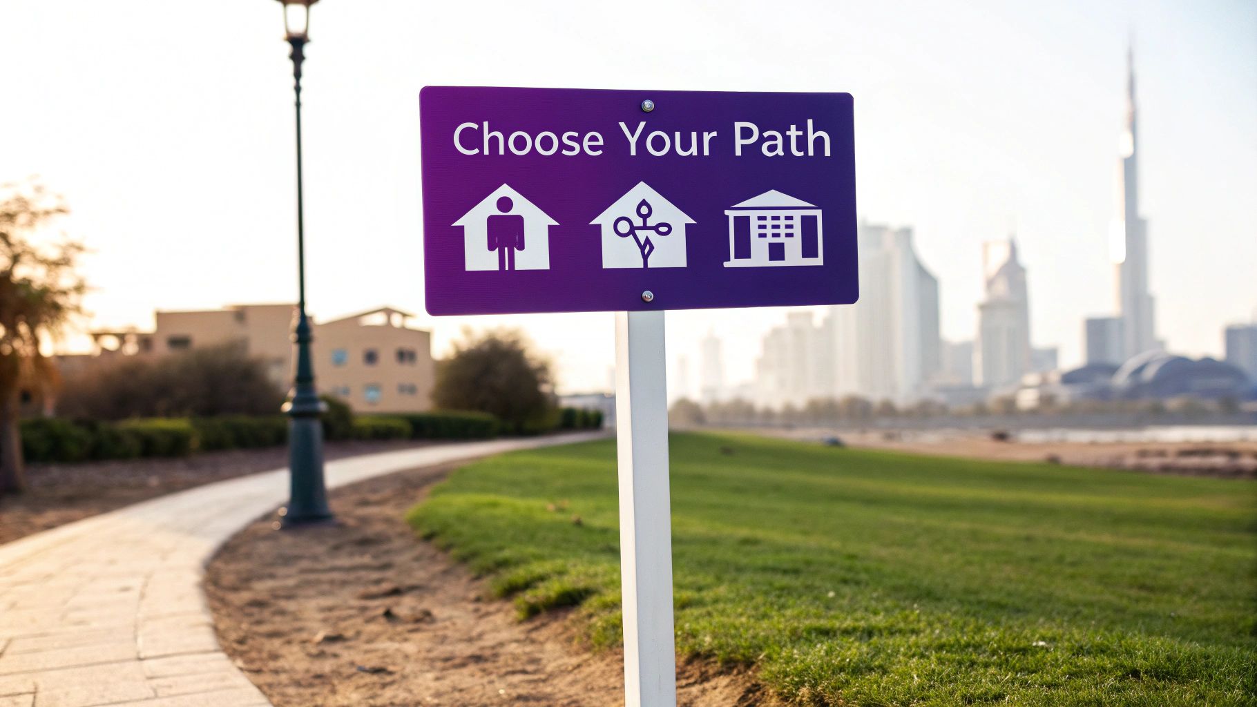 A purple sign saying 'Choose Your Path' with icons for home, health, and career, set in a park with the Dubai skyline in the background.