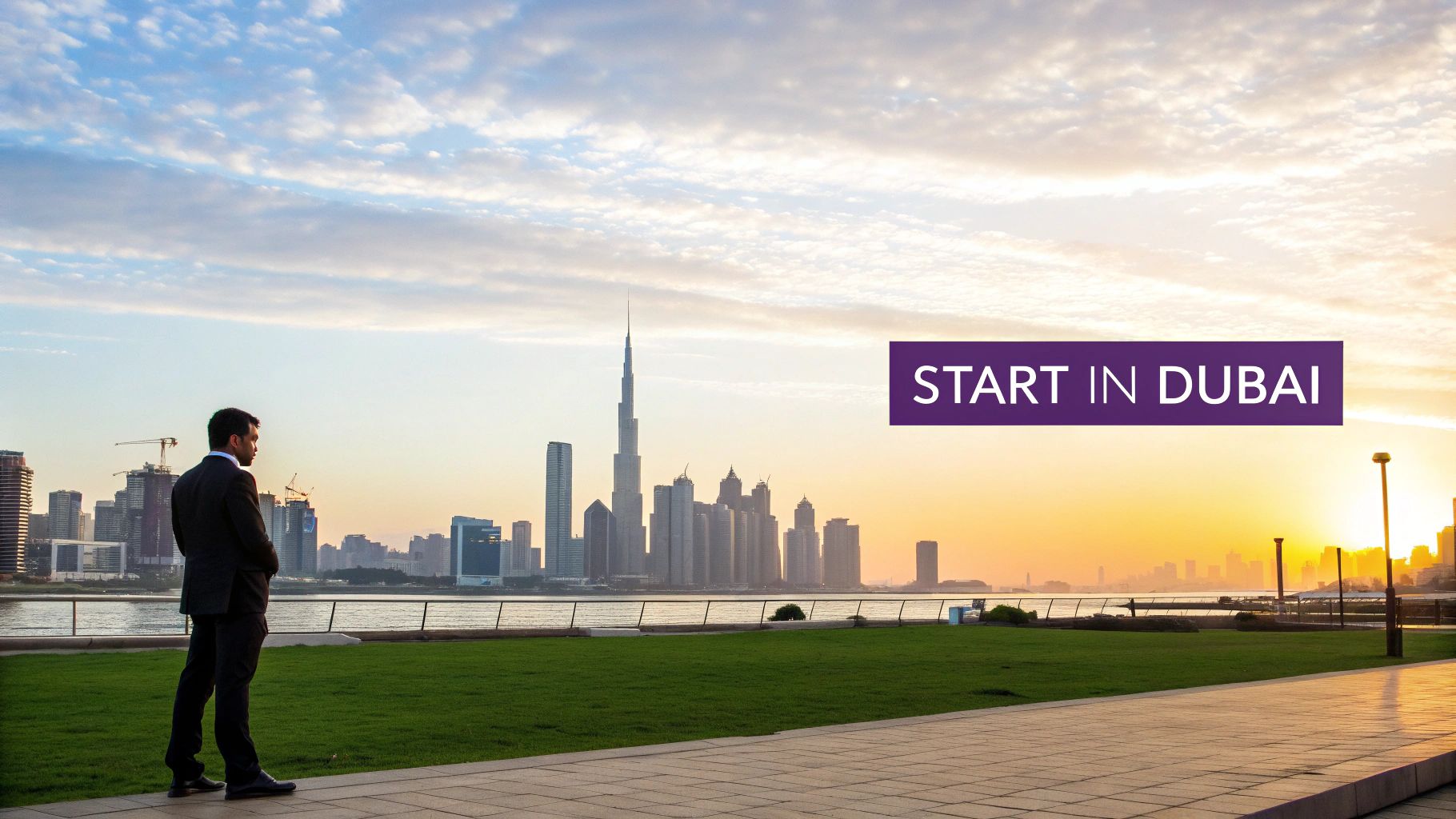 A businessman in a suit gazes at the iconic Dubai skyline, including the Burj Khalifa, at sunset with a 'Start in Dubai' banner.