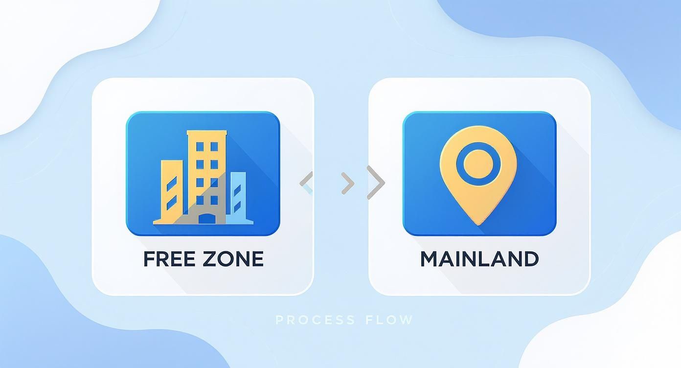 An illustration showing a process flow from a free zone (buildings icon) to the mainland (location pin icon).