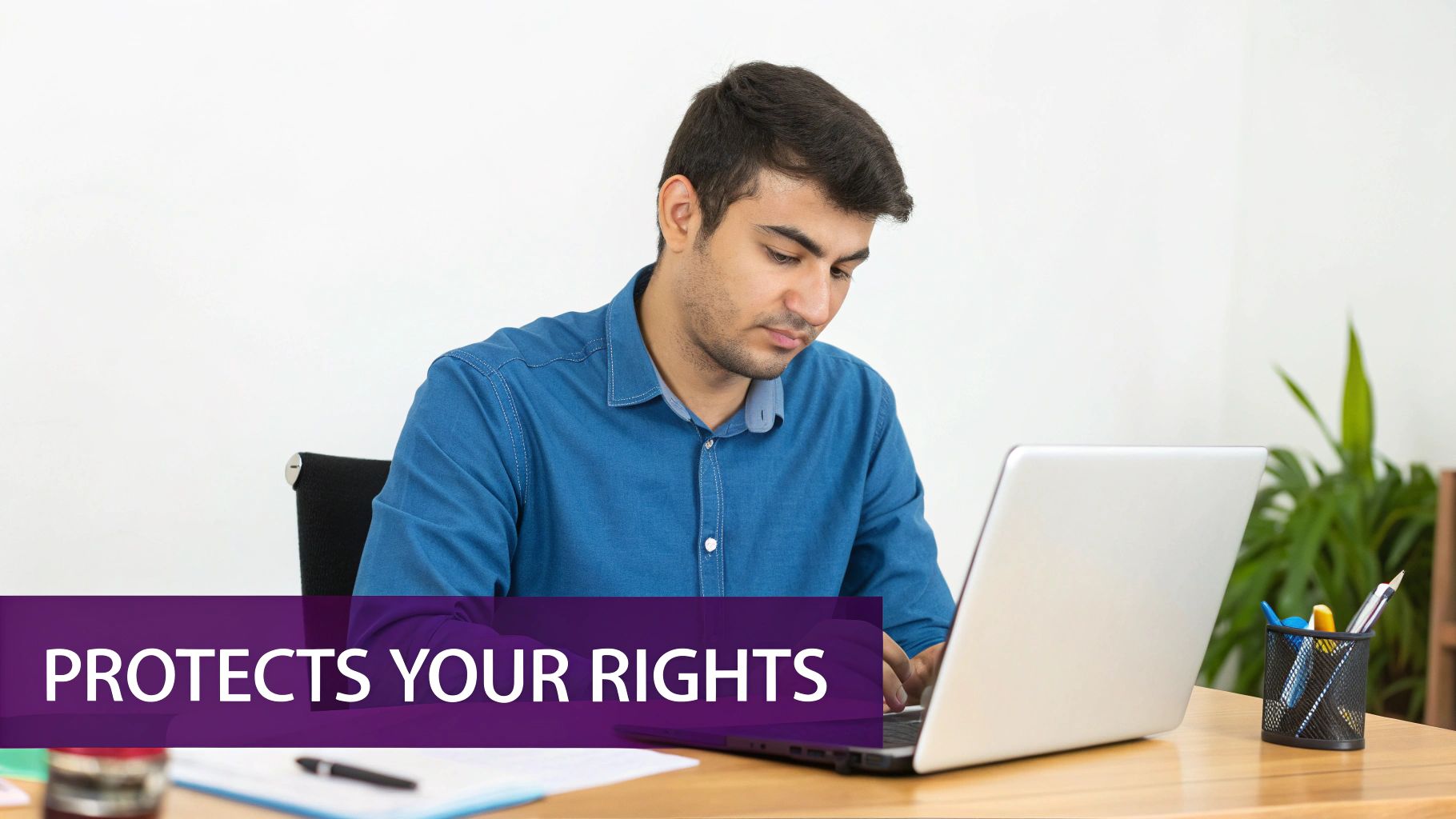 A young man in a blue shirt working on a laptop at a desk, with a banner stating 'Protects Your Rights'.