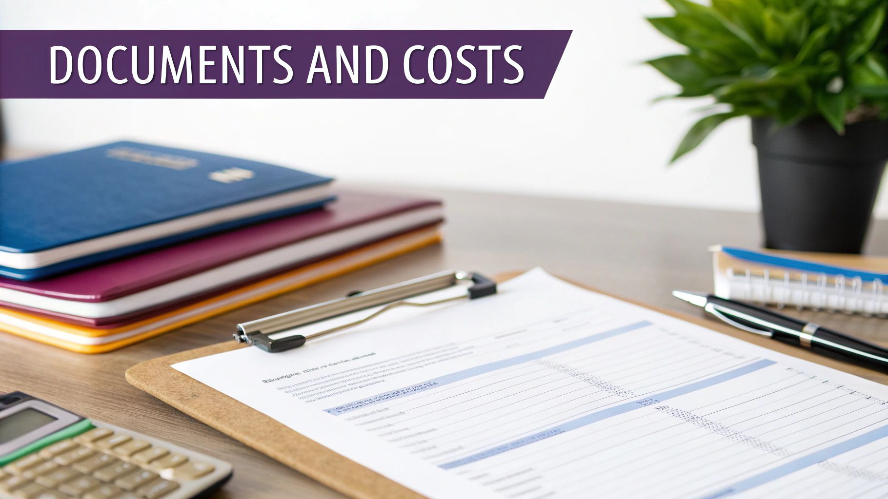 A desk with documents, a calculator, and money, representing the cost of a Dubai business license.