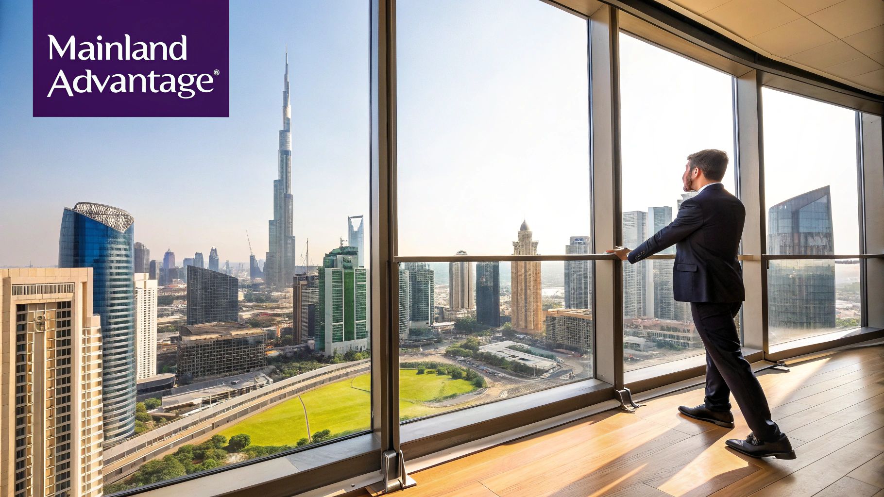 A modern cityscape of Dubai, showing skyscrapers and representing business growth.