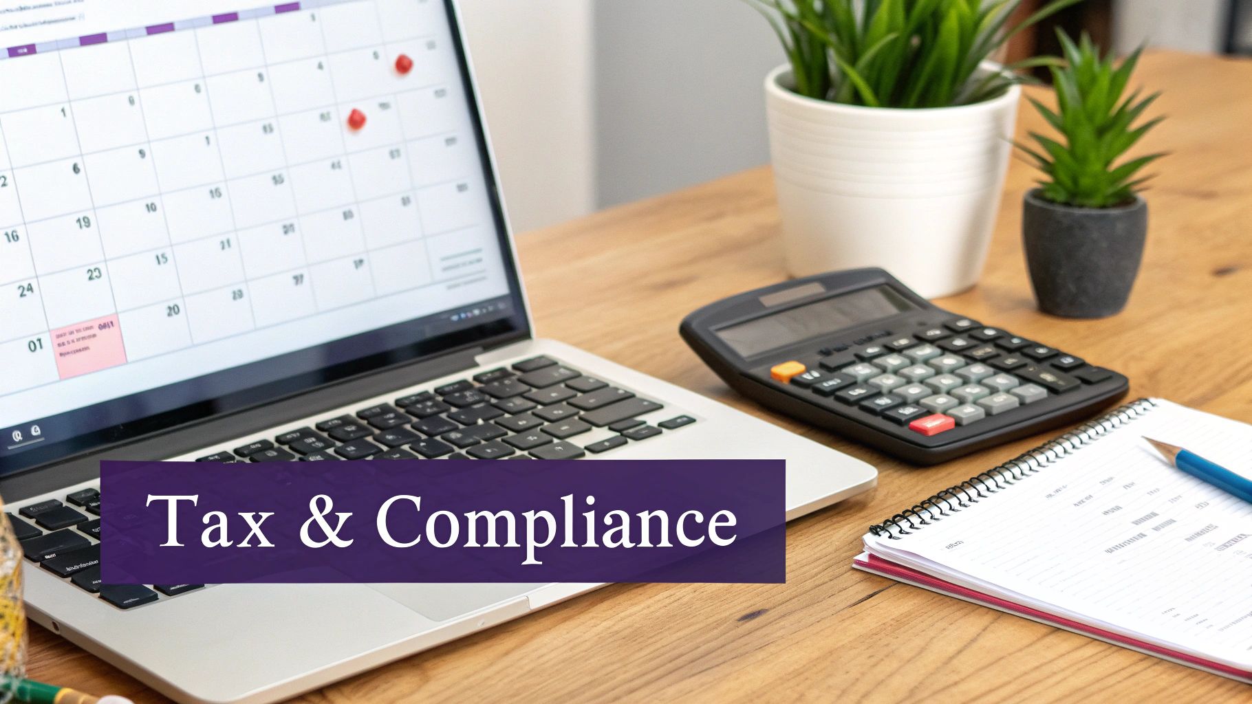 A desk with a calculator, documents, and glasses, representing financial compliance and tax obligations for a UAE business.