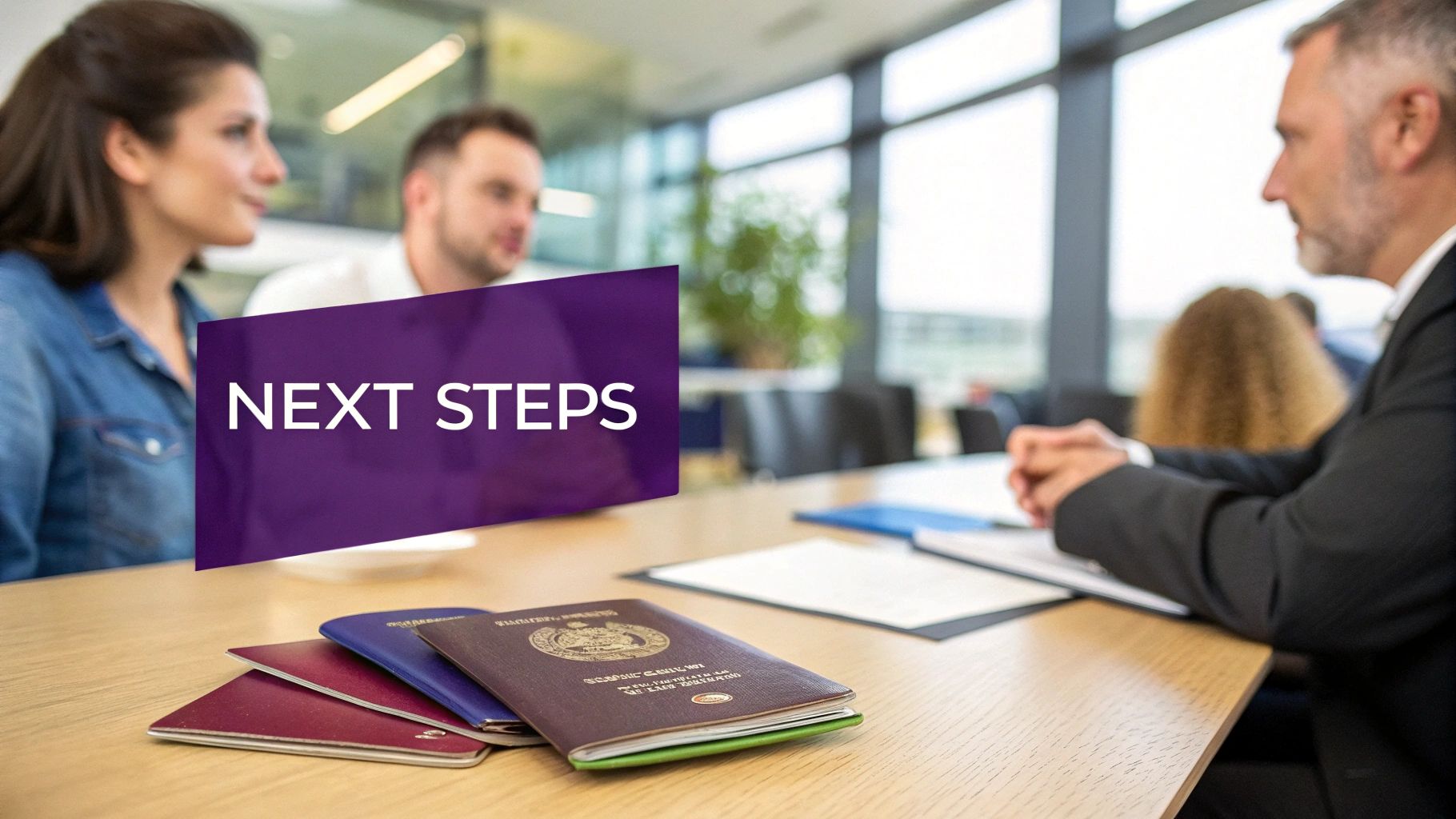 Clients and consultant discussing next steps, with passports and documents on a conference table.