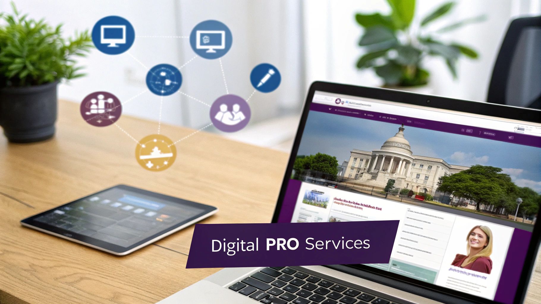 Laptop and tablet on a wooden desk, displaying digital service icons and a professional website.
